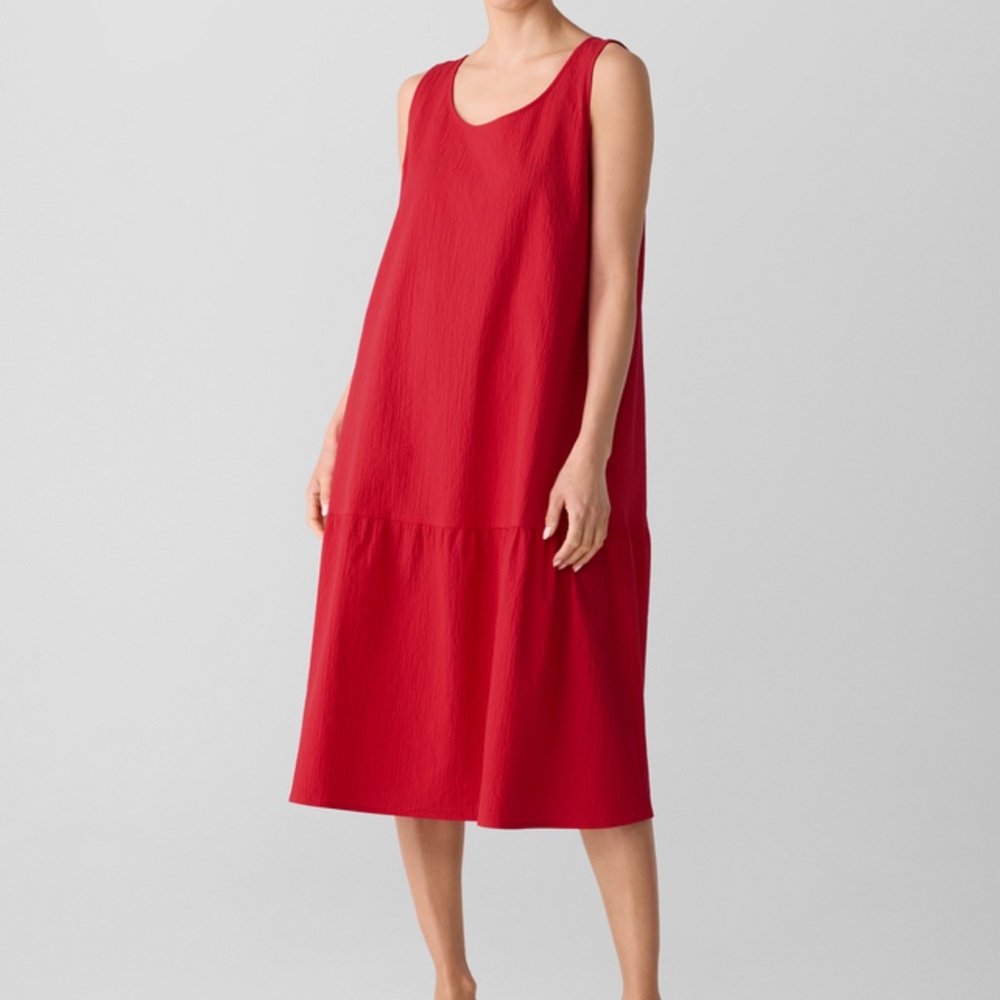 EILEEN FISHER Organic Cotton Pucker Tiered Dress in Watermelon Pink/Red Large